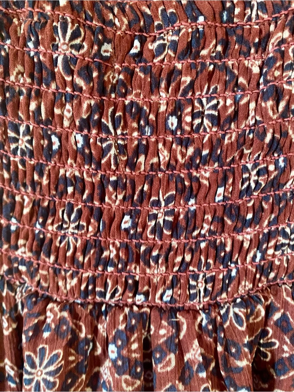 Abercrombie & Fitch Floral Smocked Open Back Sheer Maxi Dress Burgundy S